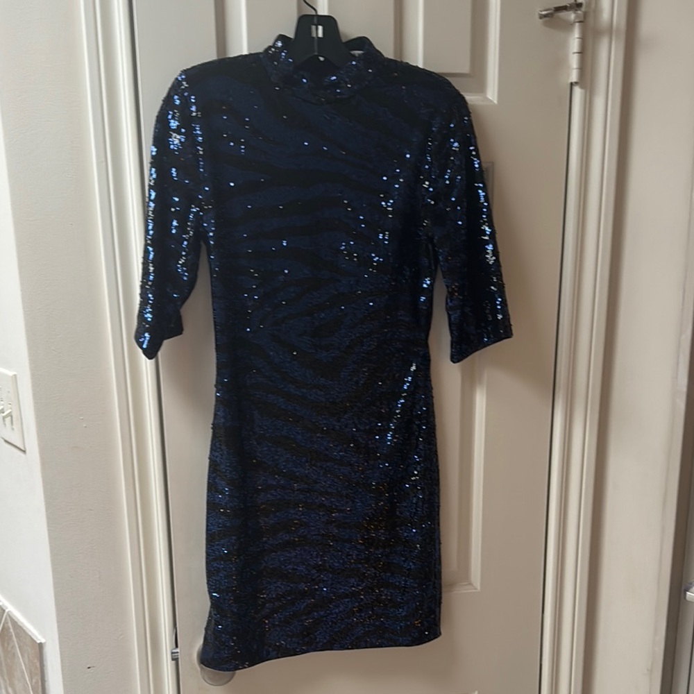 Alice + Olivia Navy Sequin Long Sleeve Dress